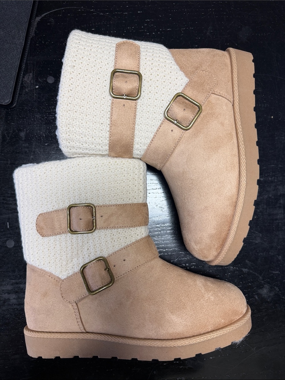 Women’s Cozy Knit-Trim Faux Suede Boots - Cream/Tan size 6